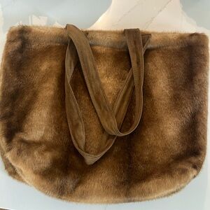 International Concepts faux fur tote bag, caramel brown, soft lined, pockets